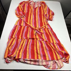 The Pioneer Womens Tiered Midi Dress Bold Striped Tie Front Long Sleeve MEDIUM